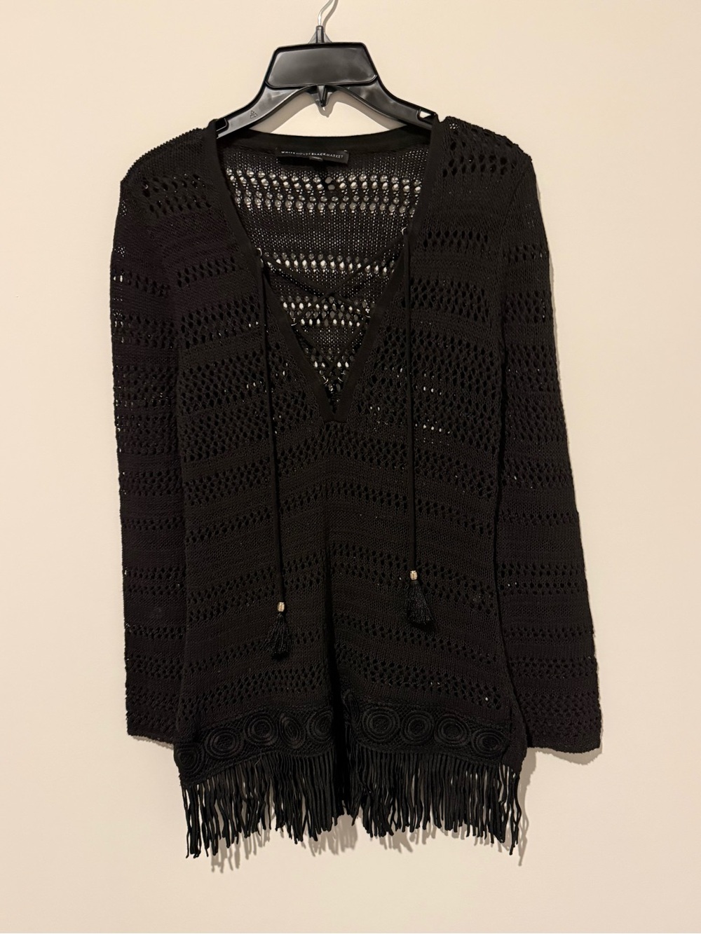 White House Black Market Black Crochet V-Neck Fringe Pullover XS